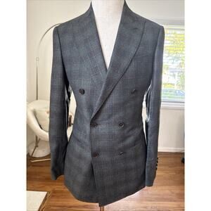 NEW - MUSIKA FRERE Green Double-breasted Plaid Wool Mens Blazer Sz 40 Custom